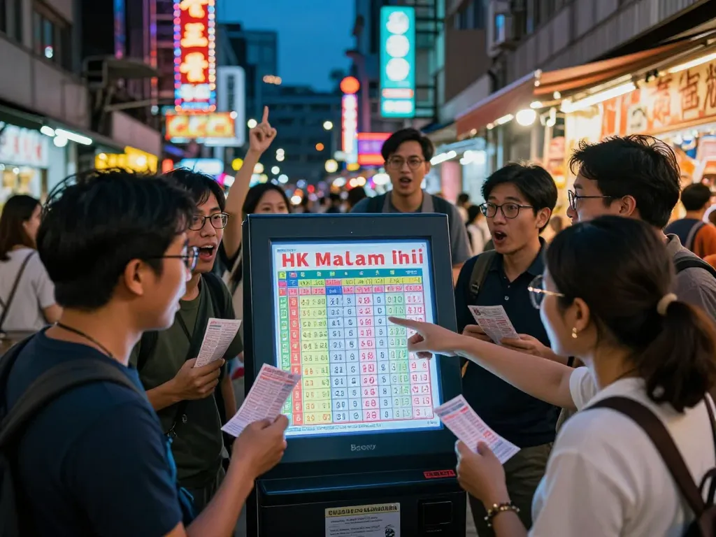 Excited lottery players eagerly checking HK Malam Ini results on a digital screen amidst a vibrant city street.