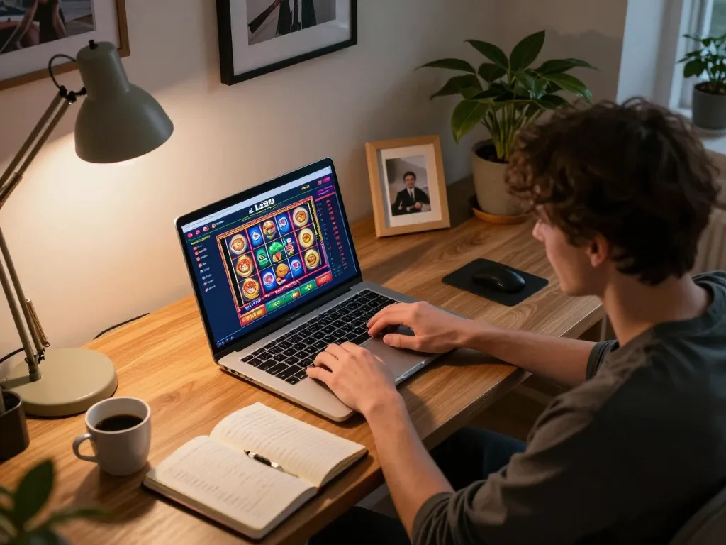 Engaged player navigating LC99 online casino on a laptop in a cozy home office