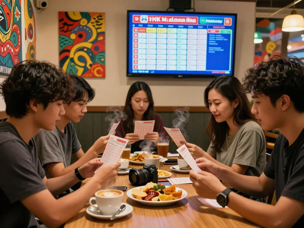 Friends enjoying HK Malam Ini lottery results at a café.