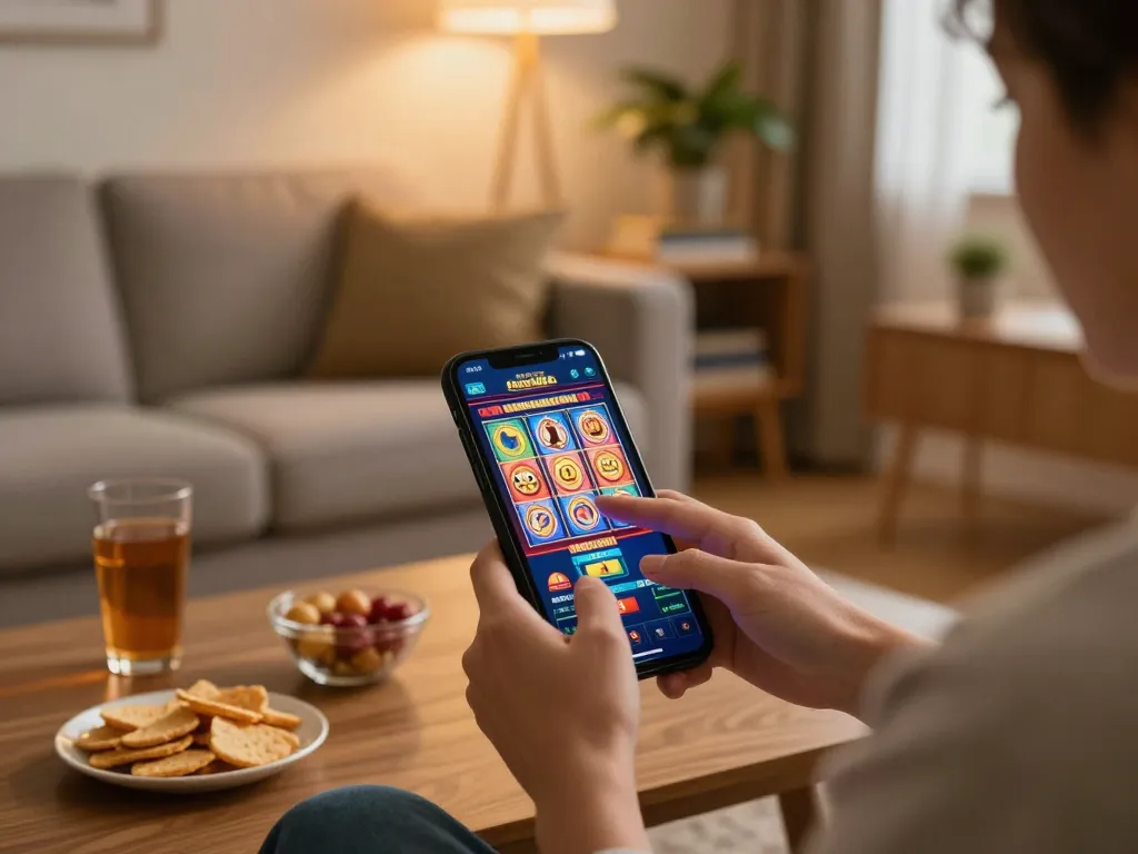 Kuwin mobile app user enjoying a slot game on their couch while relaxing in a cozy home