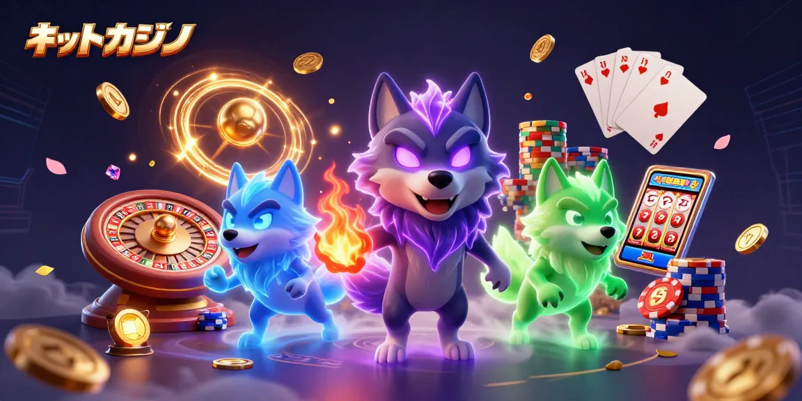 ネットカジノでスロットやテーブルゲームを楽しむ光景、華やかなコインと宝石が舞う。