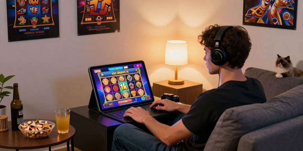 Engaging home gaming scene showing a user enjoying slot deposit 1k games on a tablet, with colorful graphics and cozy atmosphere.