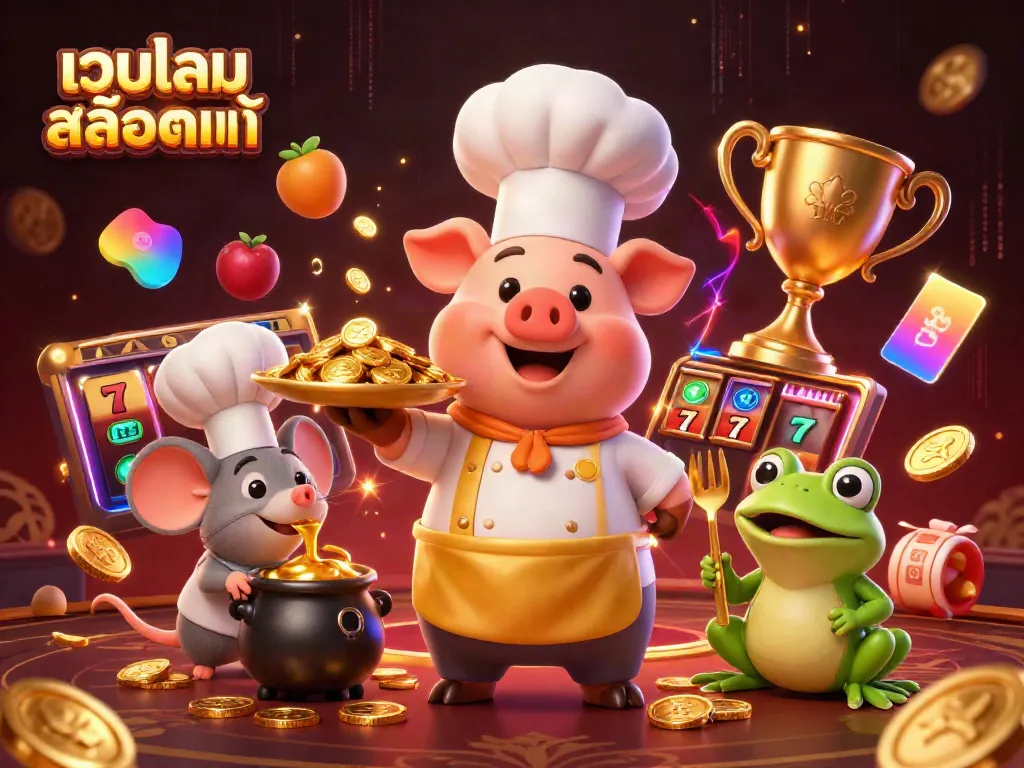 Experience thrilling action with เว็บเกมสล็อตแท้ as chef pig serves gold coins in a vibrant casino scene.