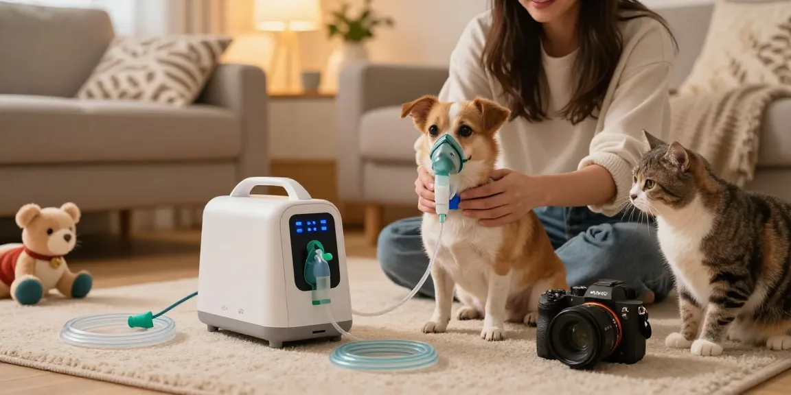 Pet Oxygen therapy session for a dog at home with loving owner.