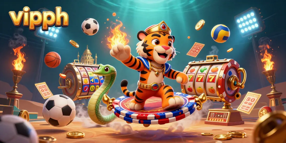 Experience the vibrant vipph casino world with an enchanting tiger sultan amidst dynamic slot reels and sports elements.