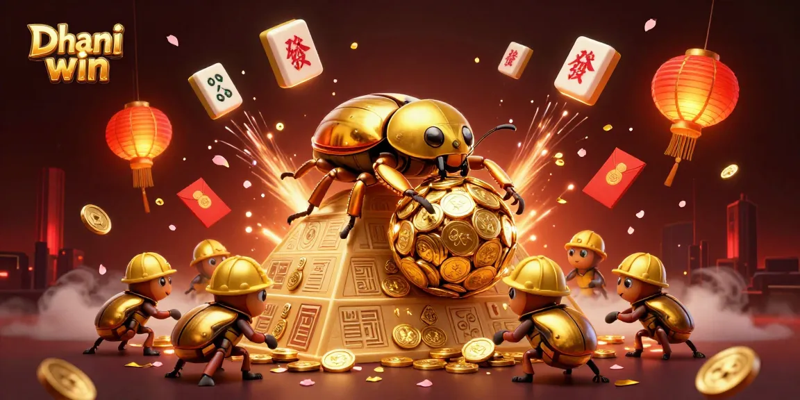 Dhani win gambling scene featuring golden beetles rolling coins, vibrant casino symbols, and festive elements.