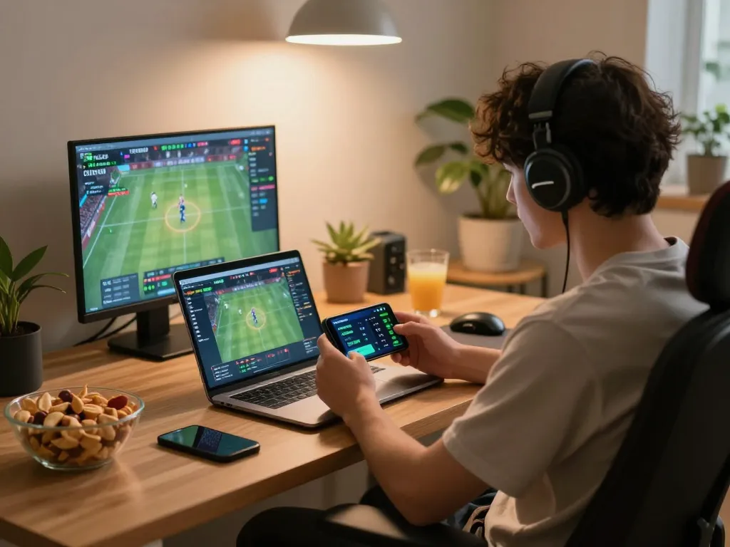 Betting enthusiast engaging with sports on laptop and smartphone at home, focusing on uu88 okwin platform