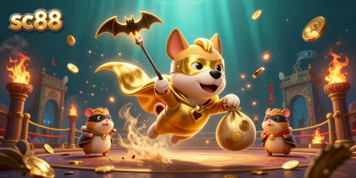 Sc88 game scene featuring a superhero dog and hamster in a casino-themed illustration.