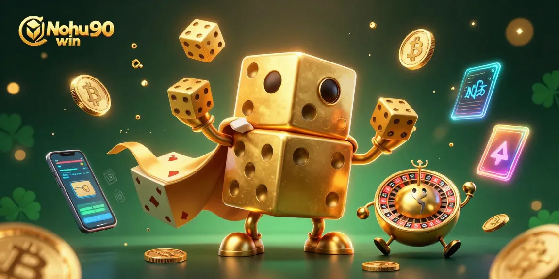Nohu90 win showcases a dynamic gaming scene featuring magical golden dice and cryptocurrency elements, enhancing the casino experience.