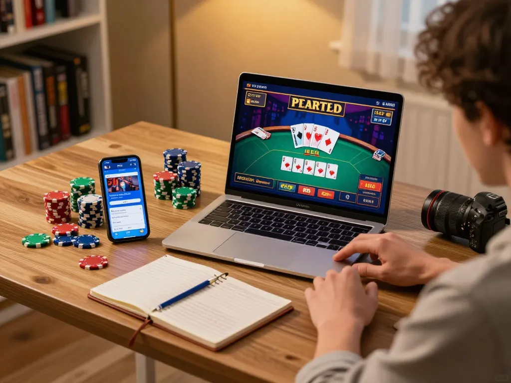 Engaged player at home enjoying 888now online gaming, showcasing poker cards and strategy notes.