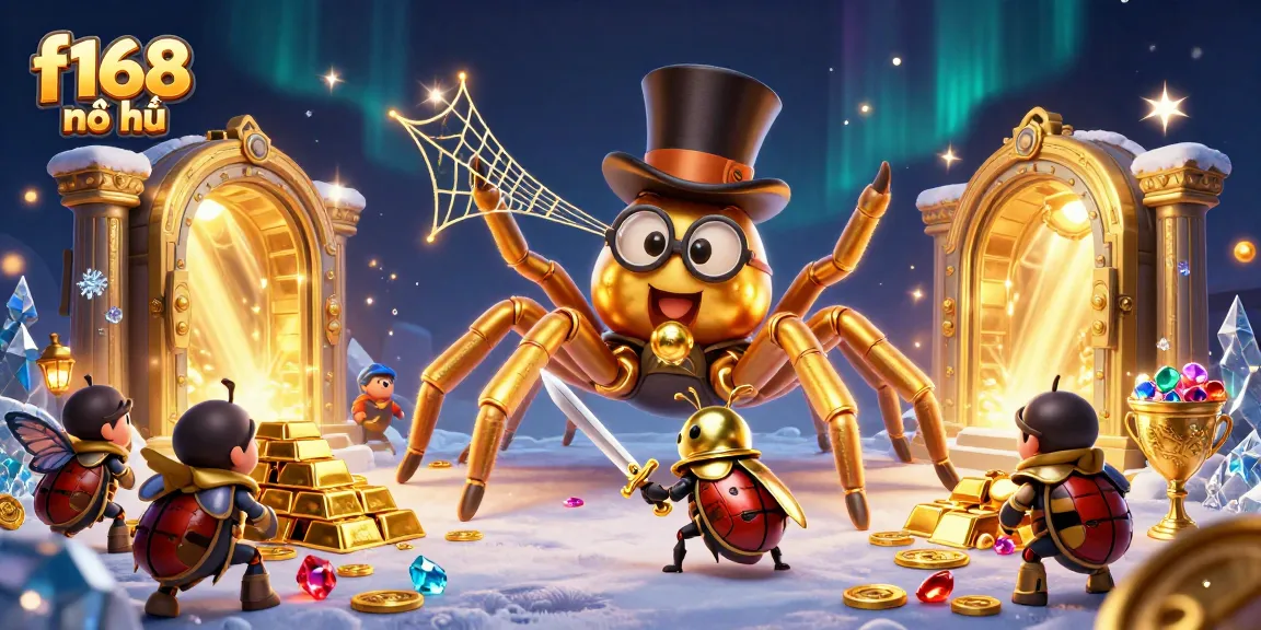 Experience vibrant winnings with f168 nổ hũ showcasing a giant tarantula, knight, and treasures in a casino.