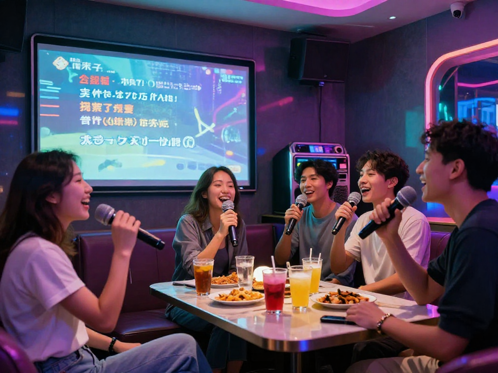 달토 가라오케에서 친구들과 즐거운 노래를 부르는 모습, 화려한 조명과 대형 스크린이 어우러진 재미있는 분위기