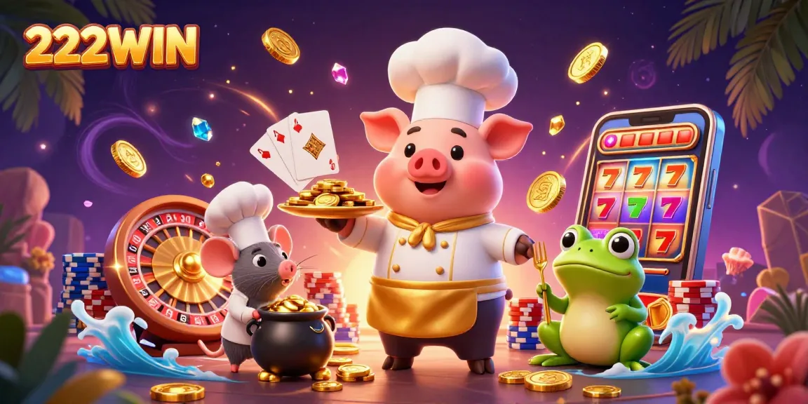 Experience the luxurious world of 222WIN with a vibrant casino-themed illustration showcasing gold coins and gaming elements.