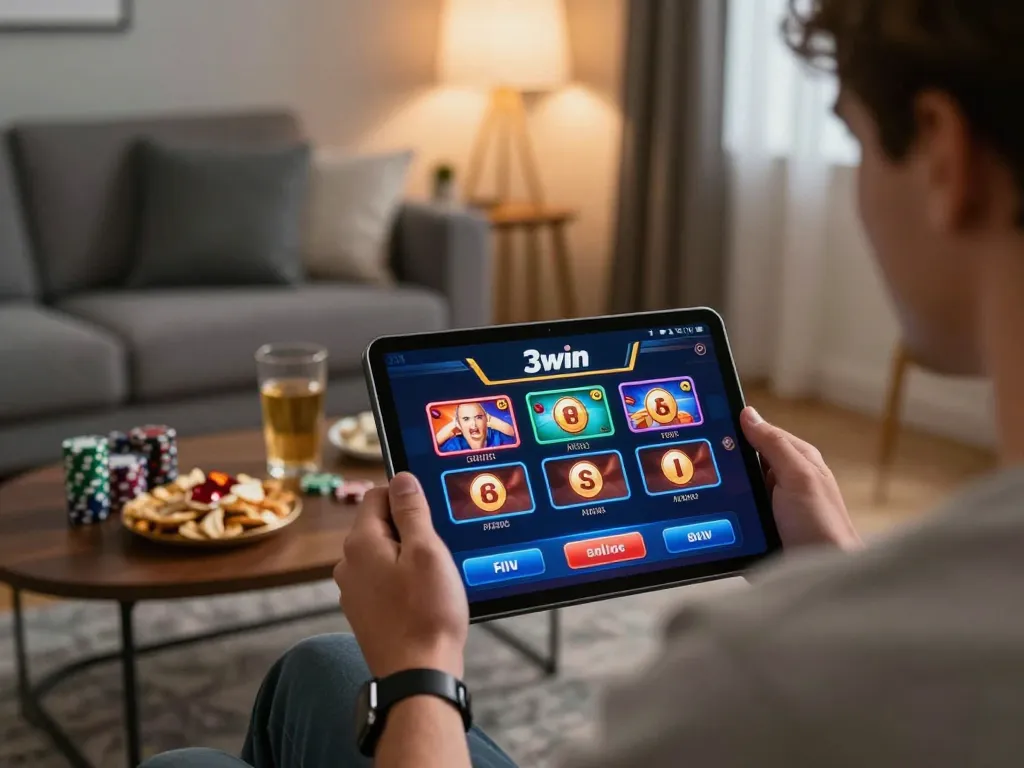 3win player engaging with online casino games in a cozy living room.