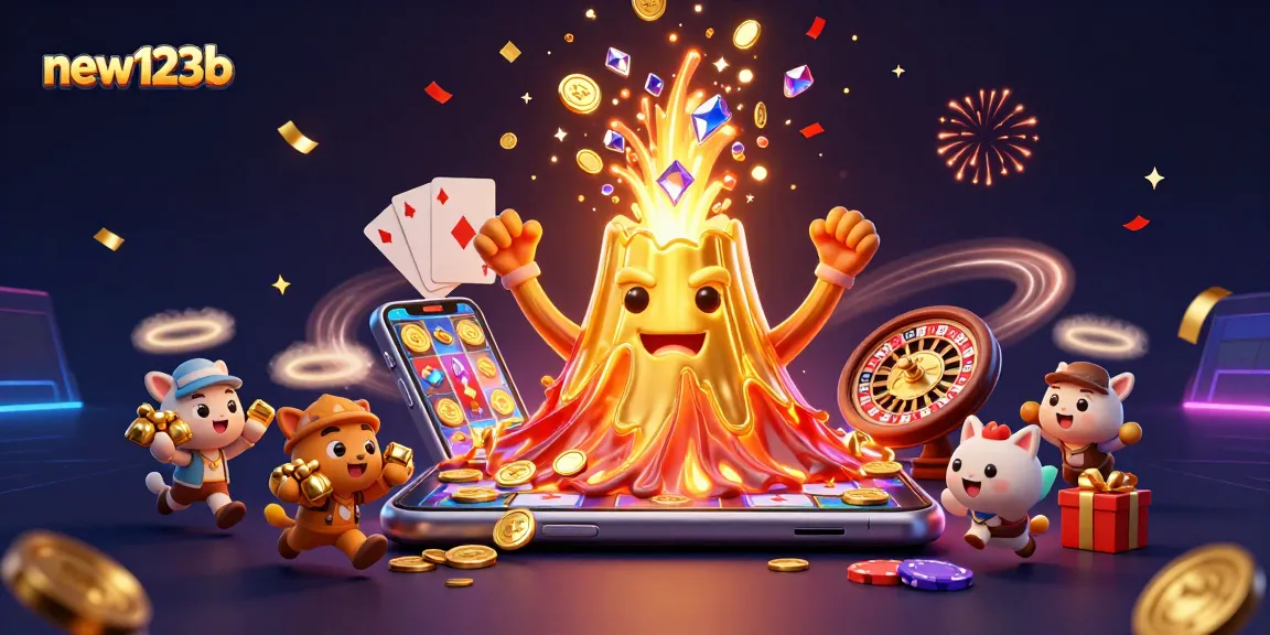 Win exciting prizes with new123b in a vibrant casino-themed scene featuring a golden volcano and treasure animals.