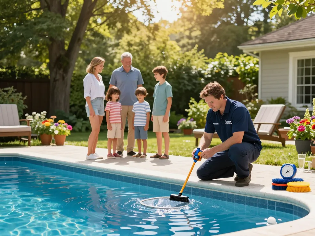 Dolphin Pool Services technician inspecting a pristine Virginia pool with family nearby, showcasing professional maintenance.