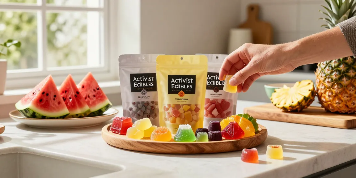 Activist Edibles treats artfully arranged in a vibrant kitchen, highlighting quality infused gummies.