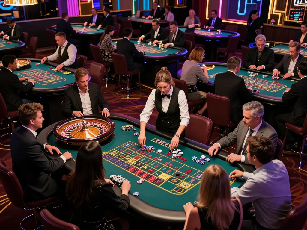Sunwin roulette fans place bets while colorful chips scatter on energy-filled casino floor.