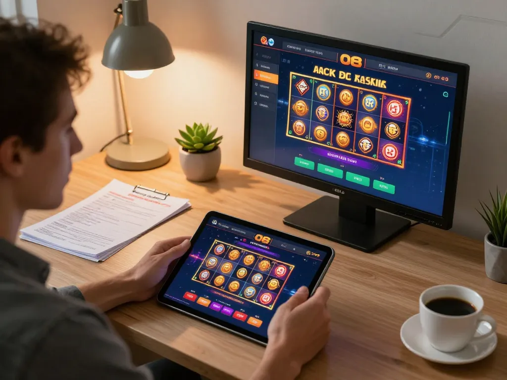 Engaged player exploring the O8 casino platform on a tablet, showcasing online gambling strategies in a cozy home office