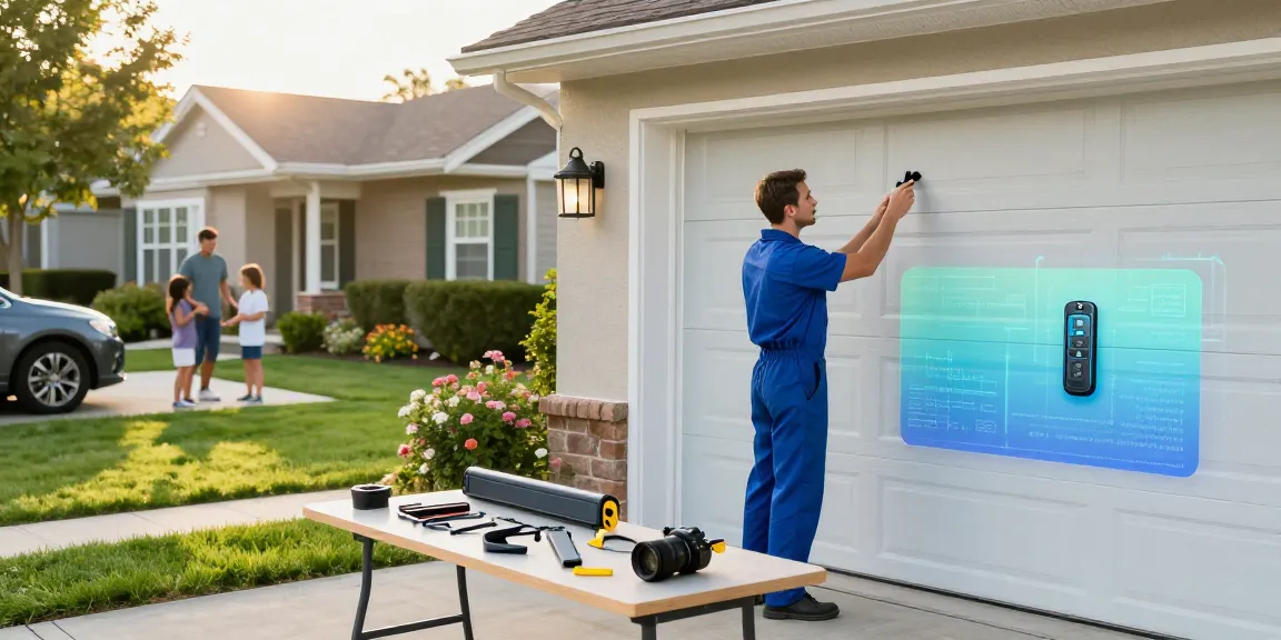 Expert sectional garage door repair technician inspecting a garage door in Bedford.