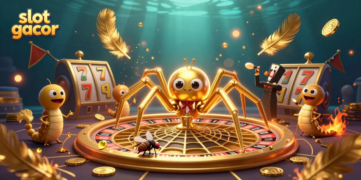 Experience slot gacor action with a vibrant scene of a golden spider and croupier in a roulette wheel web.