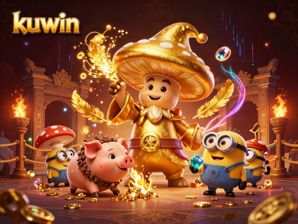 Kuwin platform features a golden mushroom wizard surrounded by treasure and colorful casino elements