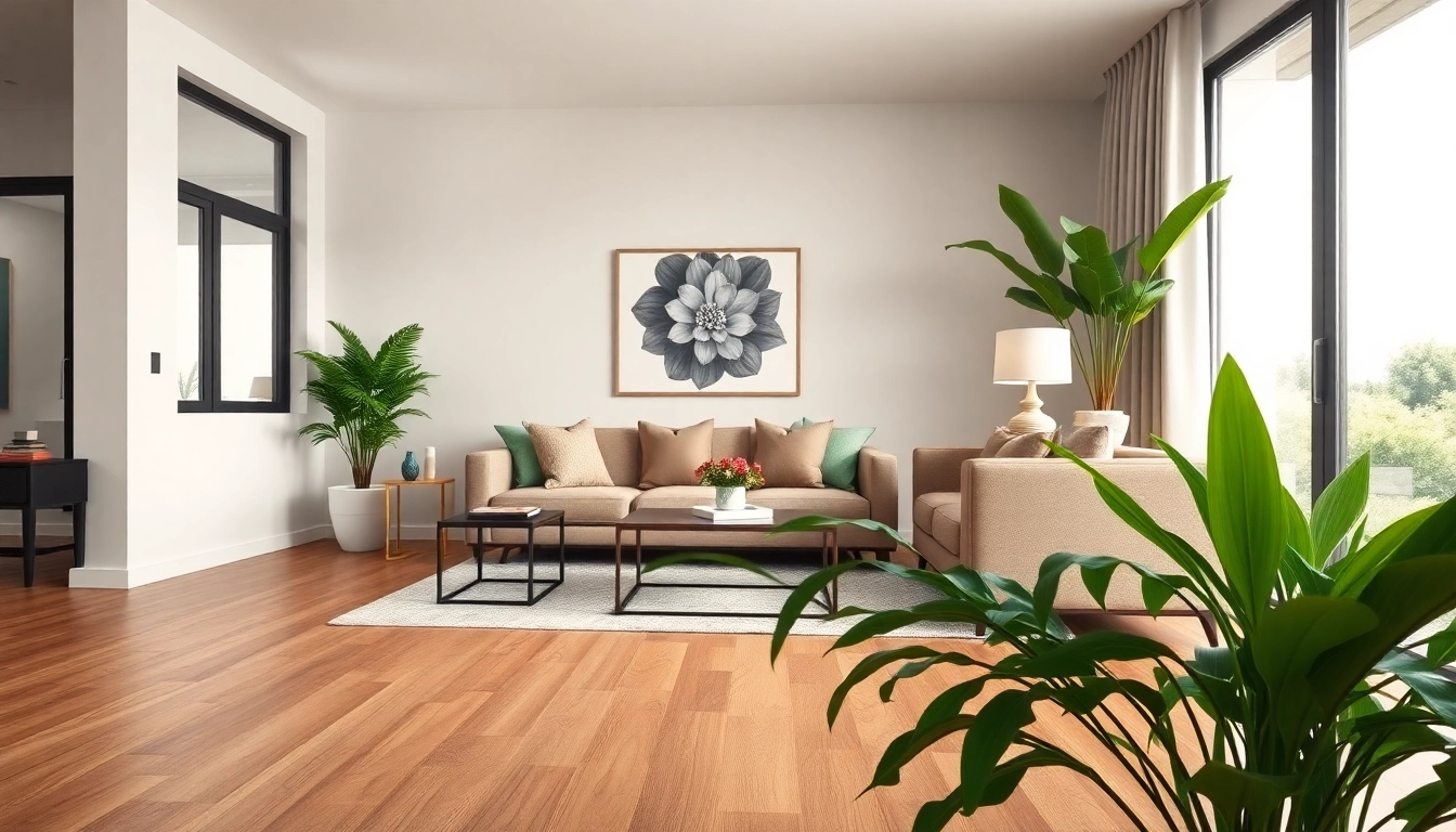 Stylish modern living room with lvt flooring, showcasing elegant furniture and natural light.