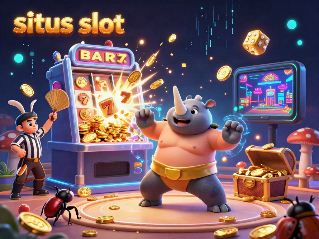 Experience the exciting world of situs slot with a vibrant illustration featuring a sumo beetle champion amidst a jackpot explosion.