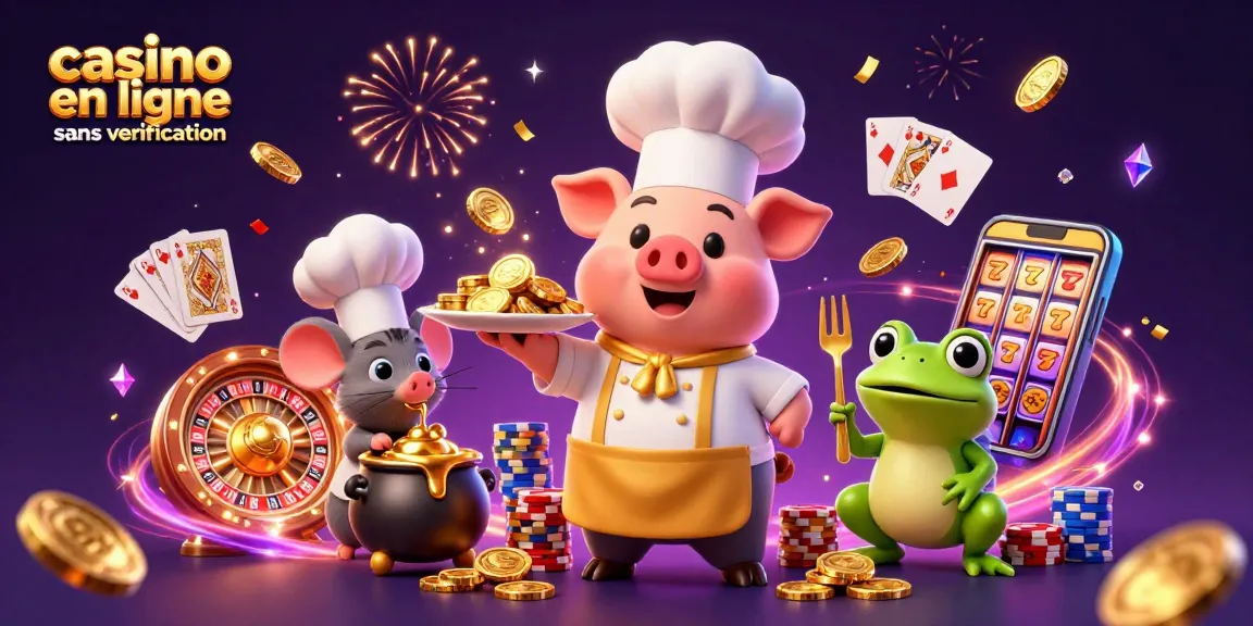 Jouez au casino en ligne sans vérification avec une illustration de chef et des pièces d'or scintillantes.