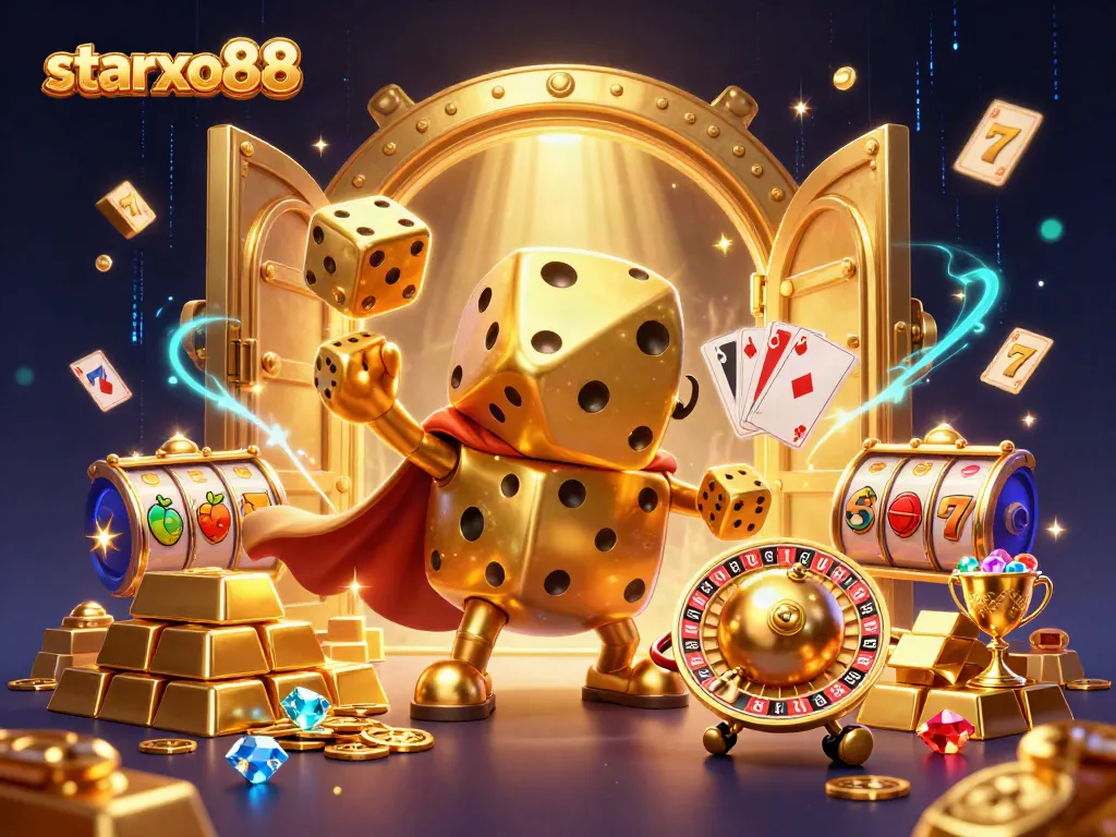 Engage with starxo88 through a vibrant 3D depiction of a golden dice golem character on a slot motif.