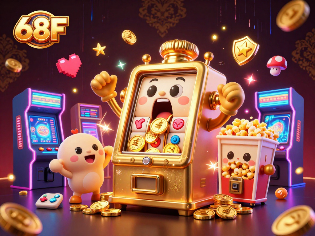 Slot machine 68F celebra jackpot com moedas e luzes vibrantes em ilustração vibrante.