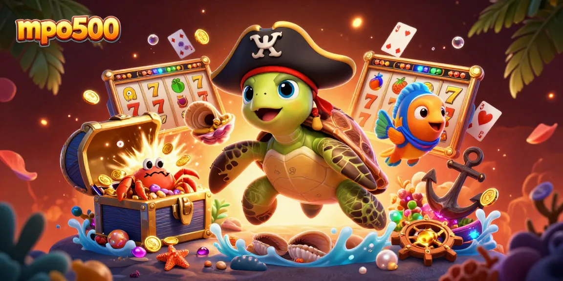 MPO500's vibrant slots scene showcased with a pirate turtle, crab, and parrotfish, gaming riches abound