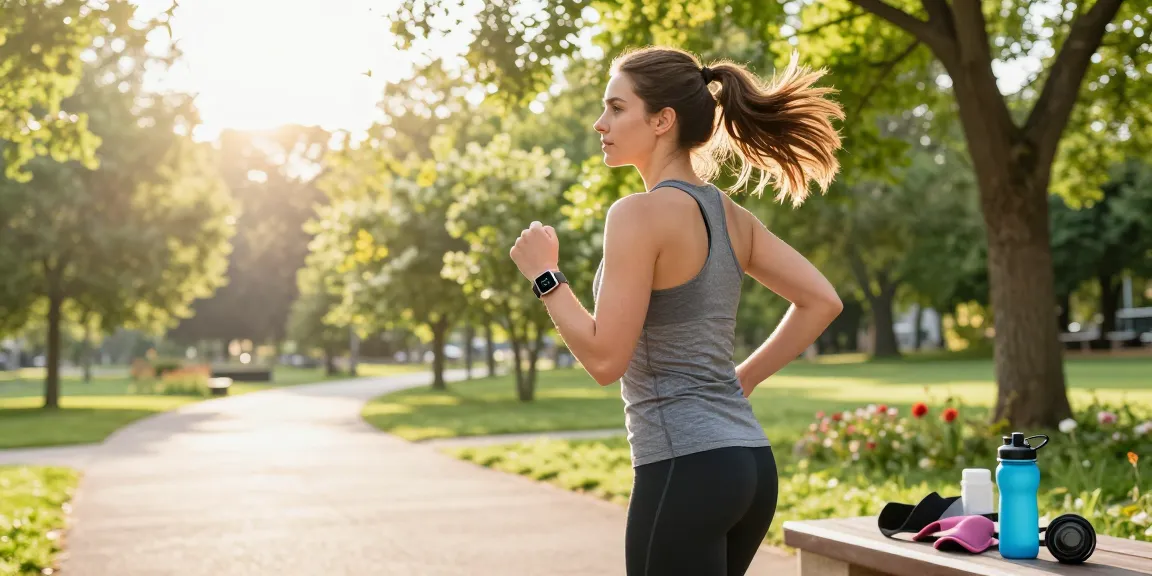 Wanita berlari menggunakan smartwatch https://www.polarfitbitshop.com/fitbit-luxe/ di taman yang cerah, menunjukkan gaya hidup sehat.