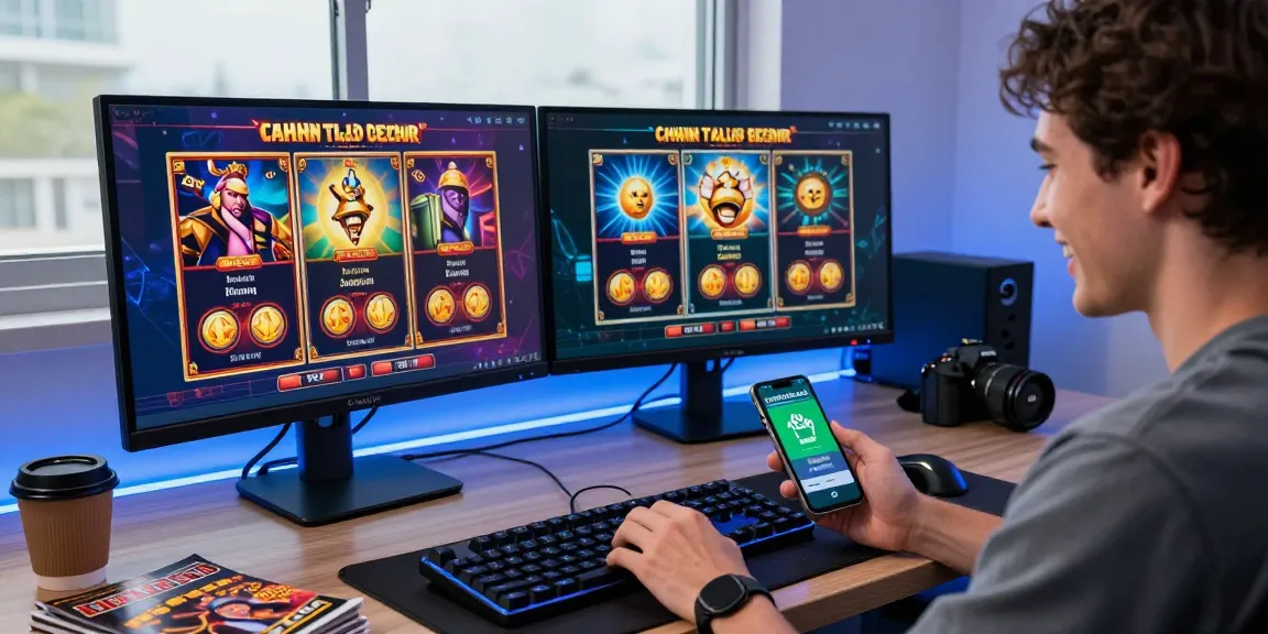 Paysafe Card Casino-Spielszene mit begeistertem Spieler, zwei Monitoren und mobiler App.