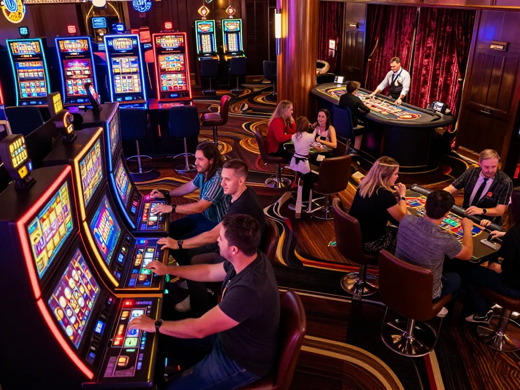 Players engaged at colorful slot machines, enjoying an exciting slot depo 1k gaming experience