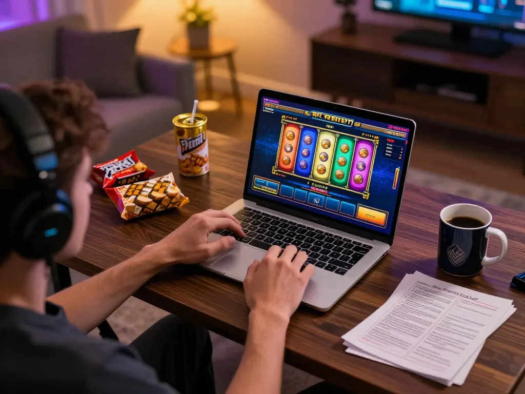 Player enjoying an immersive mdg188 slot game on a cozy laptop setup with snacks and strategy notes