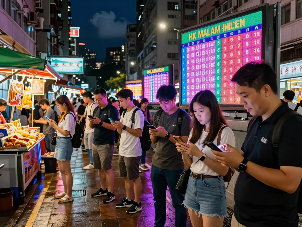 Engaged players celebrating HK Malam Ini lottery results in a vibrant urban setting.