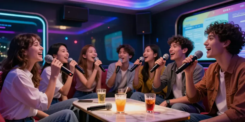 달토에서 즐거운 순간을 보내는 친구들, 고급스러운 노래방의 생동감 있는 모습