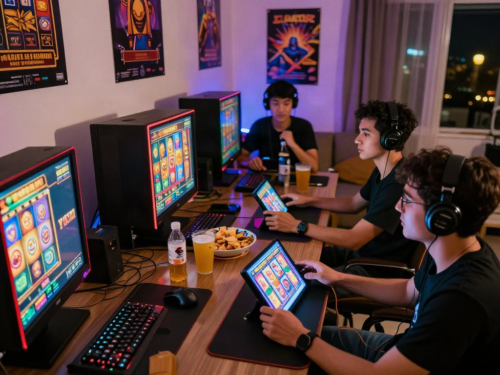Players enjoying slot gacor hari ini in a lively home gaming environment with various devices.