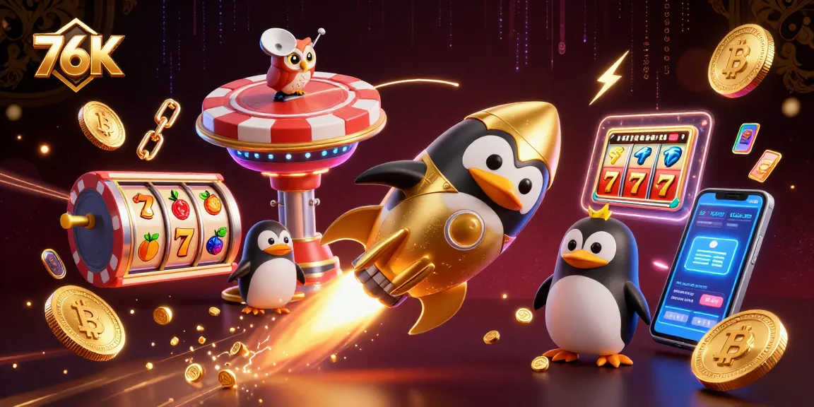 76K: Pinguim dourado em espaço de cassino, com moedas brilhantes ao redor.