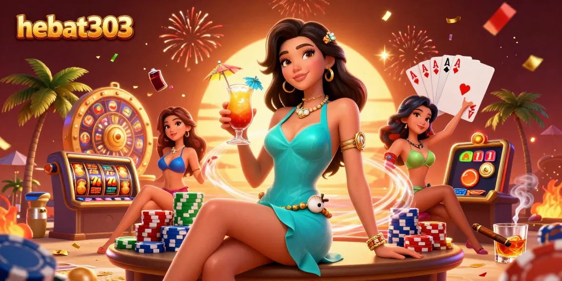 Join the thrill at hebat303 as players spin vibrant slot reels in a luxurious beach casino setting.
