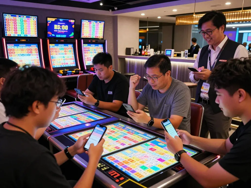 Excited group checking HK Malam Ini lottery results in a lively gaming lounge.