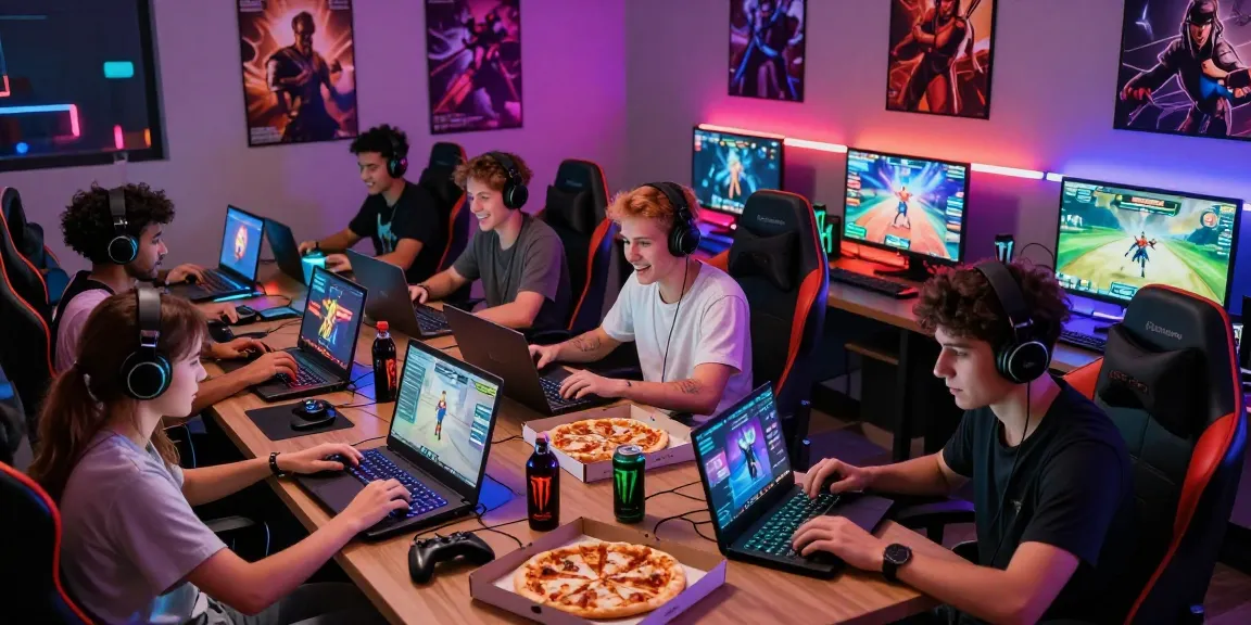 Friends enjoying lively gaming session focused on porngame at home with vibrant lights and snacks.