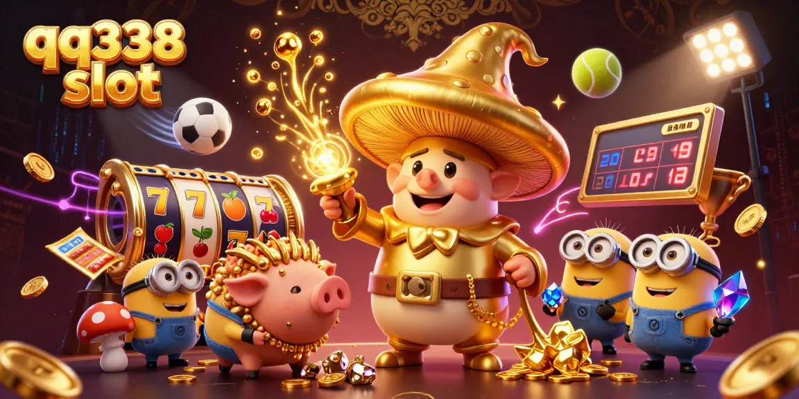 Spin the reels at qq338 slot with a golden mushroom wizard and treasure pig in a lively 3D scene.