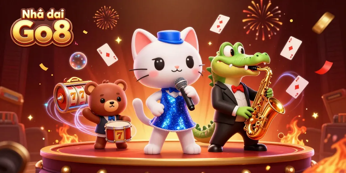 Engage with the vibrant Nhà cái Go8 scene featuring a jazzy cat, crocodile, and bear, in a lively casino atmosphere.