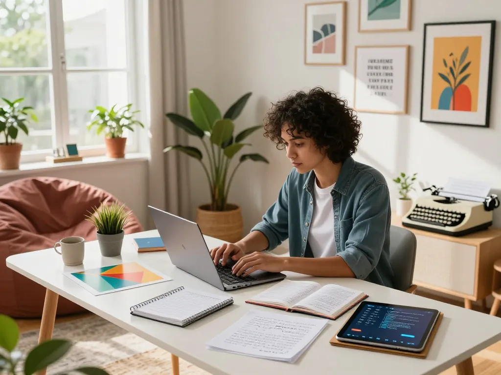 Creative writing setup showcasing a stylish workspace for NSFW AI content development, featuring vibrant art and modern tools.