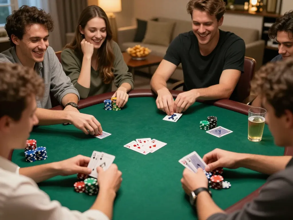 TG88 players strategizing in a lively home poker game, chips and cards in play.