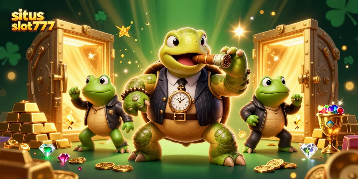 Experience the excitement of situs slot777 with a whimsical illustration of a turtle in a tuxedo and frog enforcers