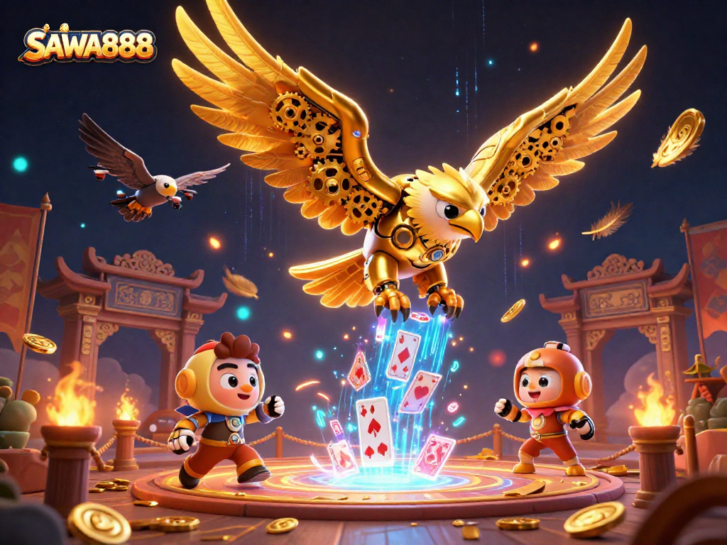 SAWA888 engages players with thrilling holographic cards in a vibrant casino scene.