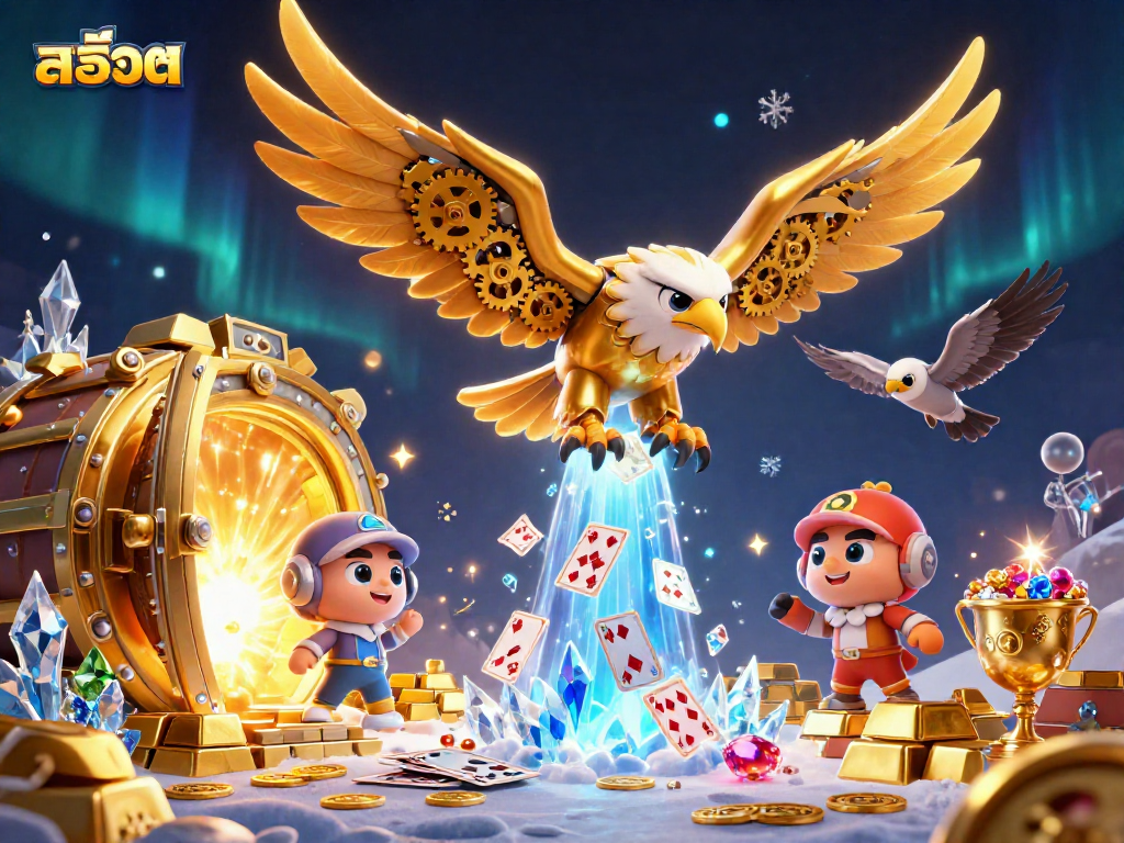 Experience exciting สล็อต gaming with a cybernetic eagle amidst dazzling treasures and cards.